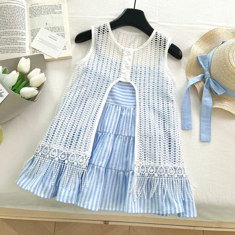 

Children's Outfit New Summer Korean Style Girls Fashionable Hollow Out Vacation Cardigan Striped Long Skirt Two-Piece Set