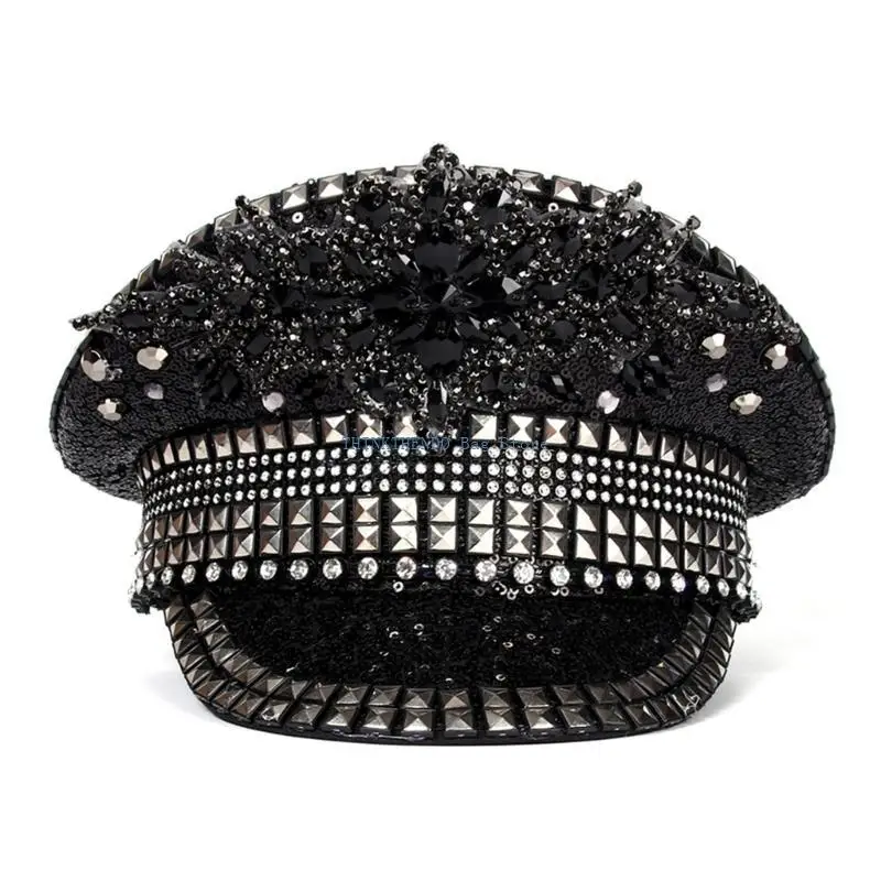 

340D Bejeweled Hat Glinting Crystal Rivets Captain Hat for Carnivals Music Festival