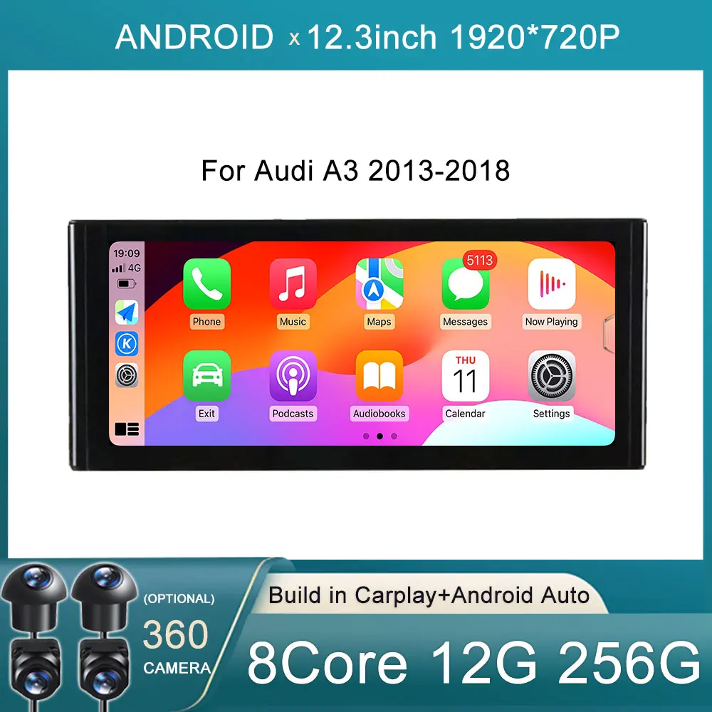 12.3 For Audi A3 2013 – 2018 Car Multimedia Player BT Carplay Auto 8 Core 1920*720P Android 14 Radio WIFI 4G GPS Navigation