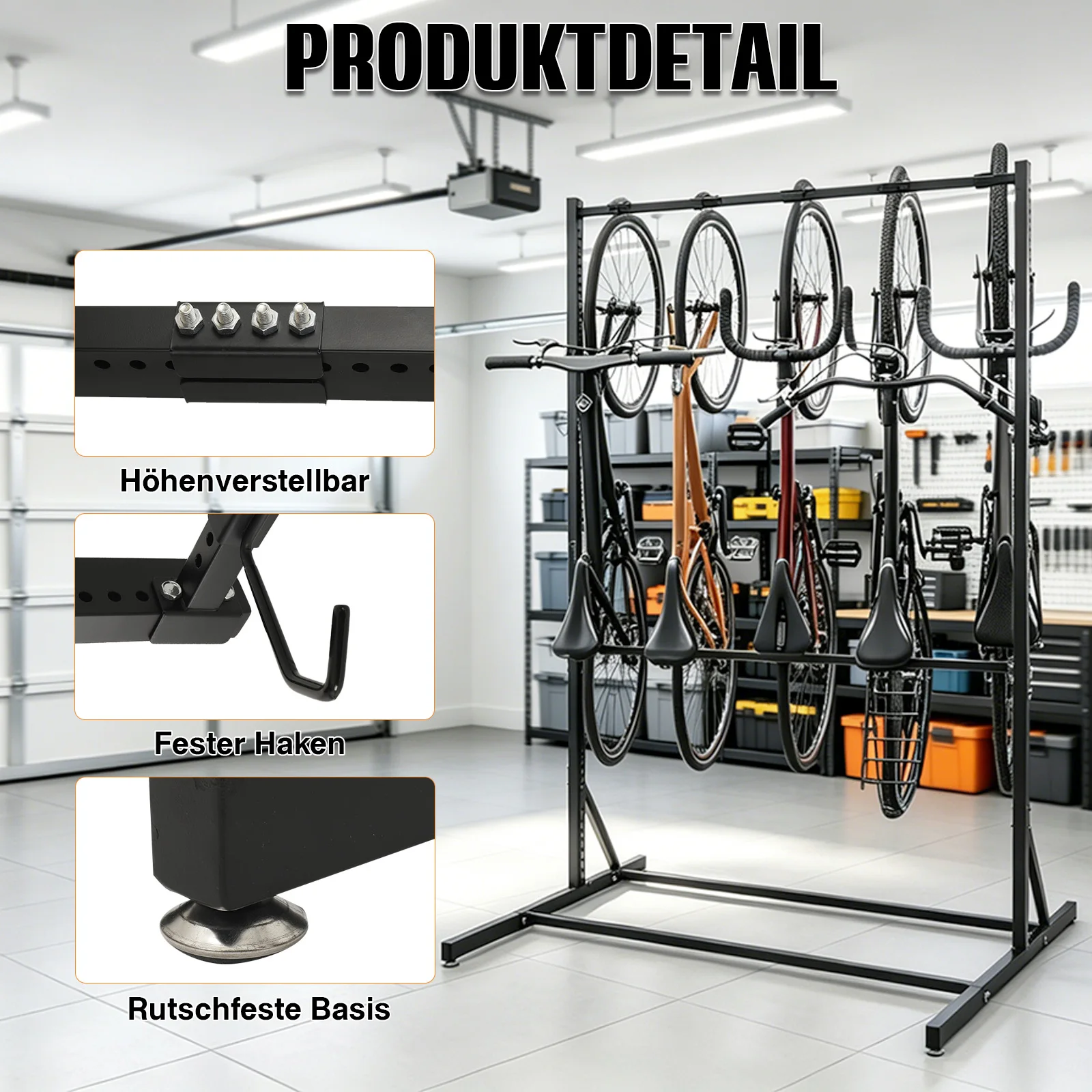 5-Fahrrad-Vertikalständer mit 5 robusten Haken aus Kohlenstoffstahl, Tragkraft 136 kg, freistehender Fahrradständer, platzsparender vertikaler Fahrradständer für die Garage – Detail 2