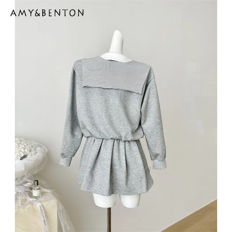 

Original Autumn New Gray Fake Two-Piece Long Sleeve Sweatshirt Women's Dress Korean Shawl Striped Elegant Short Dresses Ladies