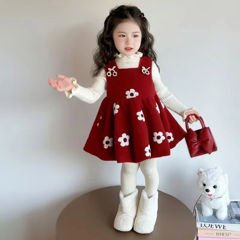 

Girls' Vest Dress Autumn and Winter New Cute Children's Knitted Dress+long Sleeved T-shirt Two-piece Set
