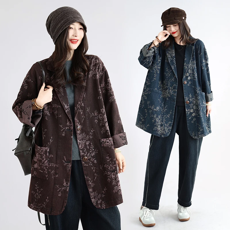 Casual Washed Denim Jacket Women's Loose Long Sleeve Spring Autumn Fashion Artistic Style Printed Casual Loose Fit Jeans Jacket