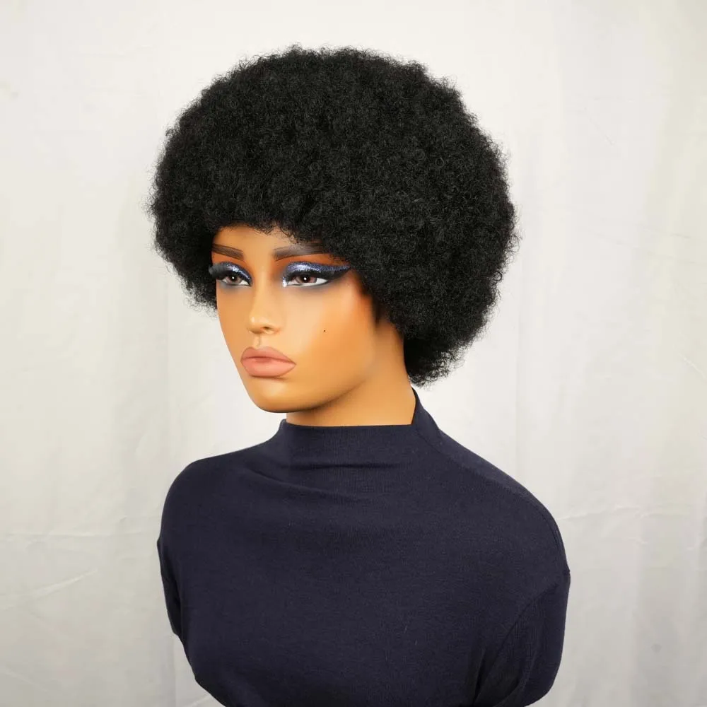 아프로 곱슬머리 픽시컷 인모 숏 가발 여성용 풀머신 메이드 가발 인모 블랙 컬러 자연스러운 가발