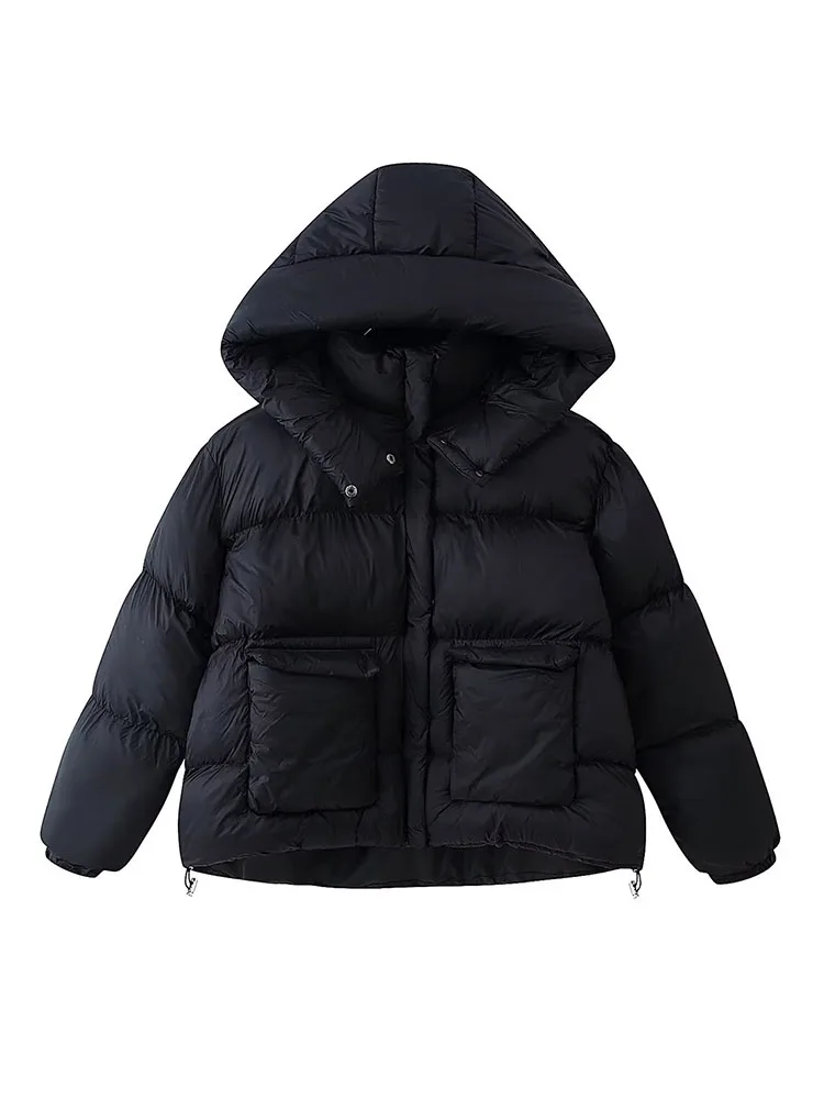 

HH Women's Spring Festival Fashion Vintage Hooded Pocket Decorated Bread Padded Jacket Female Street Style Warm Long Sleeve Coat