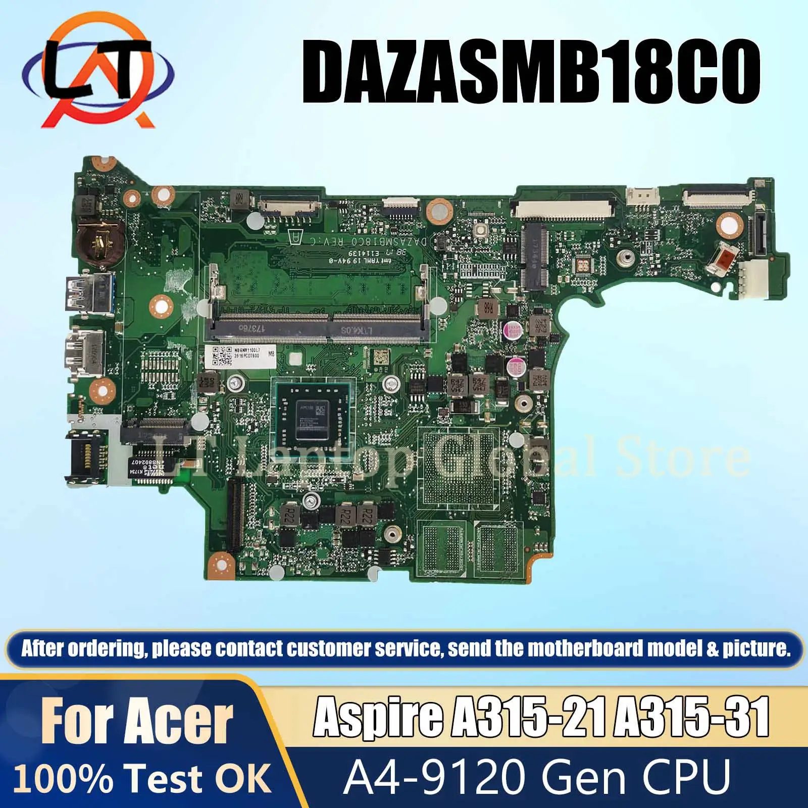 Материнская плата DAZASMB18C0 для ноутбука ACER Aspire A315-21 A315-31, материнская плата для ноутбука A4-9120, процессор 4GB-RAM 100%, Протестировано ОК