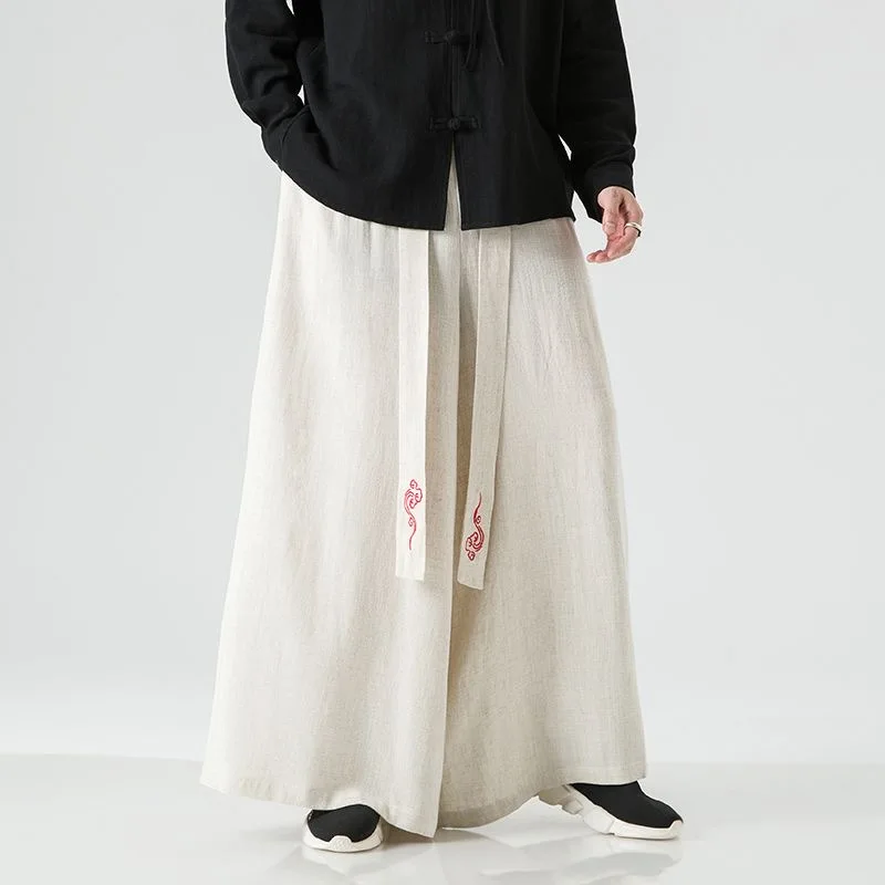 Men Cotton Linen Cloud Embroidery Skirt Pants Male Ribbon Chinese Vintage Ethnic Style Trouser Senior Quality Oversize Pantalone