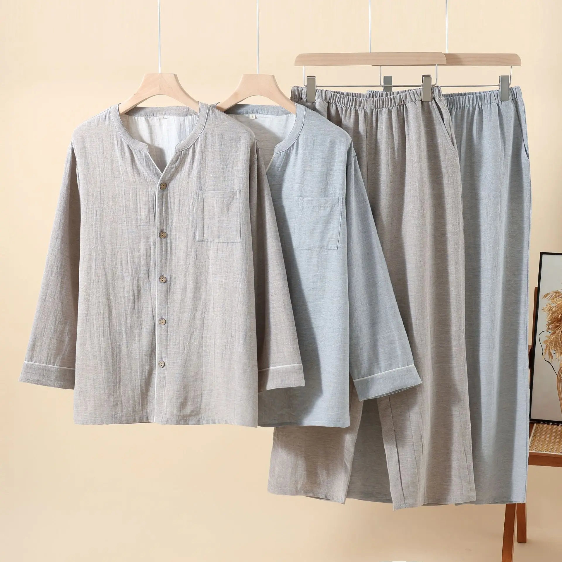 Unprinted Cotton and Linen Trousers Pajamas Set for Men Homewear Clothes for Spring and Autumn Cardigan Pajama Suit