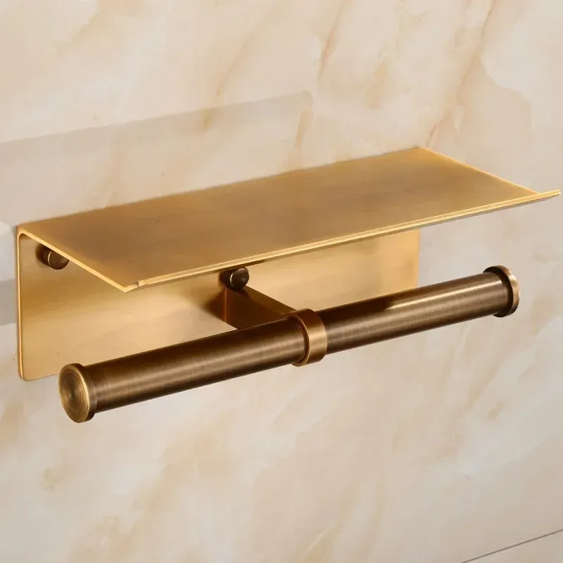 Multi-Functional Toilet Roll Paper Holder with Shelf Wall Mounted Double Roll Tissue Holder Dispenser Bathroom Gold