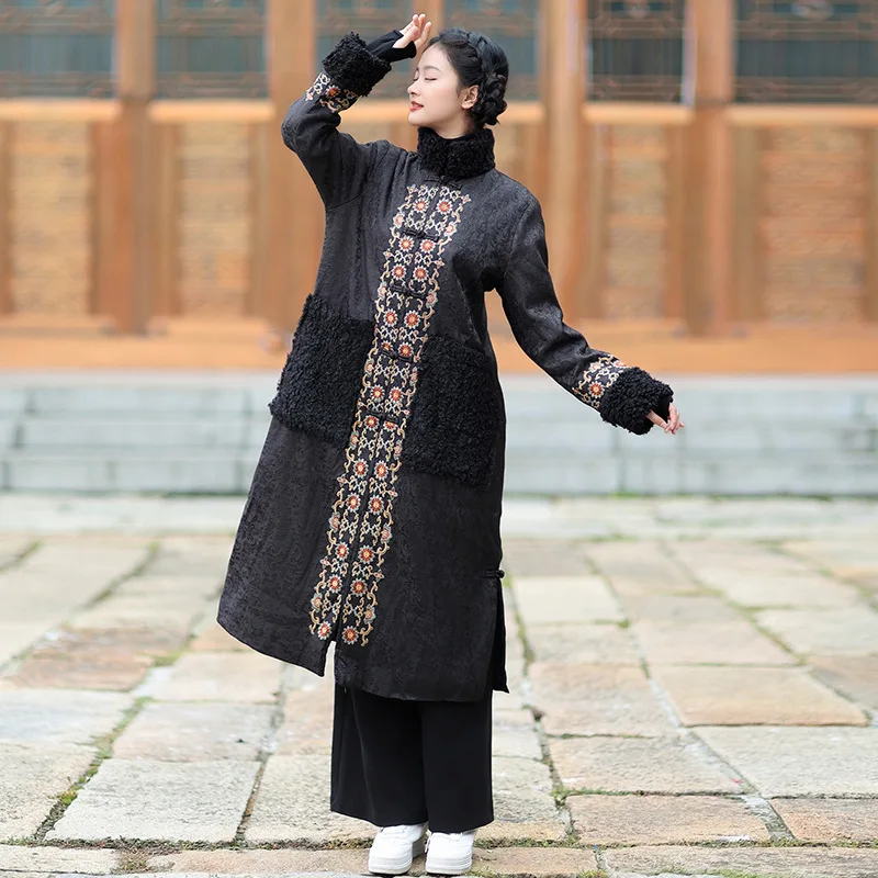 Winter National Design Overcoat Chinese Trend Retro Jacquard Embroidery Plush Splicing Trench Coat Cotton Clip Long Jacket Women
