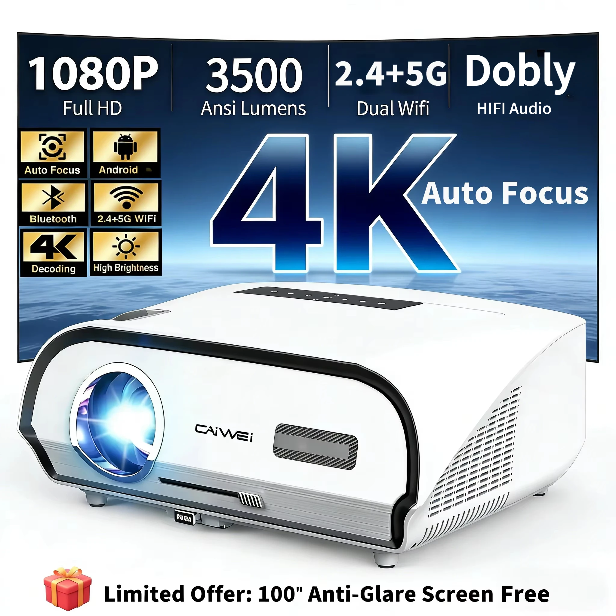 

full hd 4K projector home theater auto focus 3500ANSI 1080p native smart TV bluetooth 2.4+5G wifi daylight android projectors
