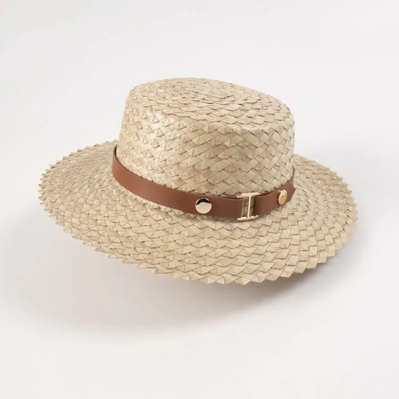 Handmade Leather Band Natural Straw Fedora Hat Women Wide Brim Boater Hat UPF Summer Beach Hat Flat Top Sun Hat