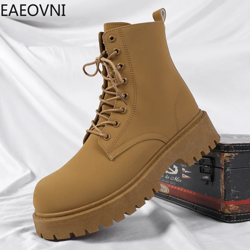 Men's Biker Boots High Tops Climbing Boot Snow Shoes British Style Snow Shoe Personality Anti-slip Mens EAEOVNI New Arrival Hot