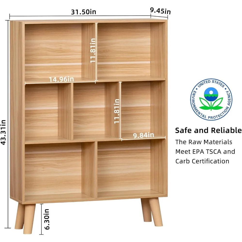 Leyaoyao Houten Boekenplank Van 7 Kubussen, Natuurlijke Boekenplank Van 3 Niveaus Met Poten, Moderne Open Opbergorganisator, Boho-Boekenkast