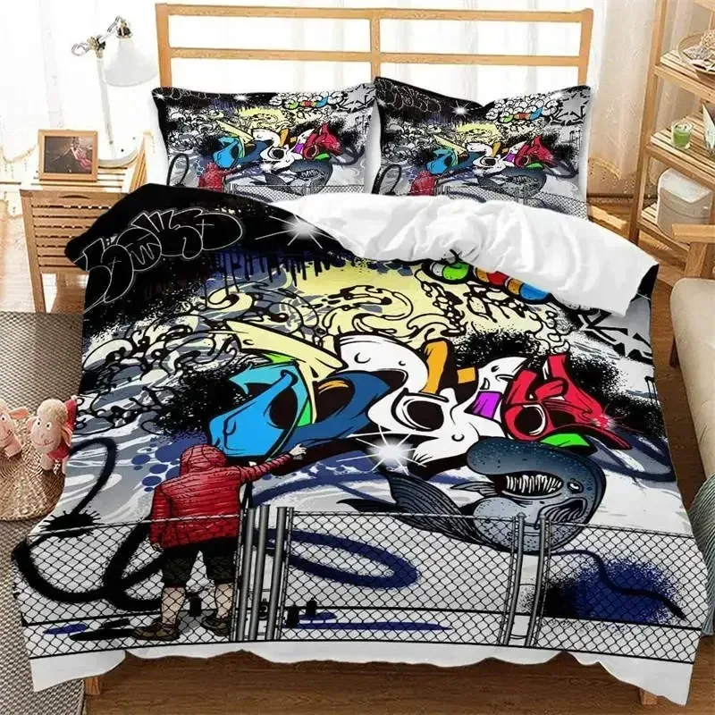 

3D Print Graffiti Duvet Cover Hip Hop Street Culture Print Bedding Set Microfiber Colorful Overlapping Blocky Letters
