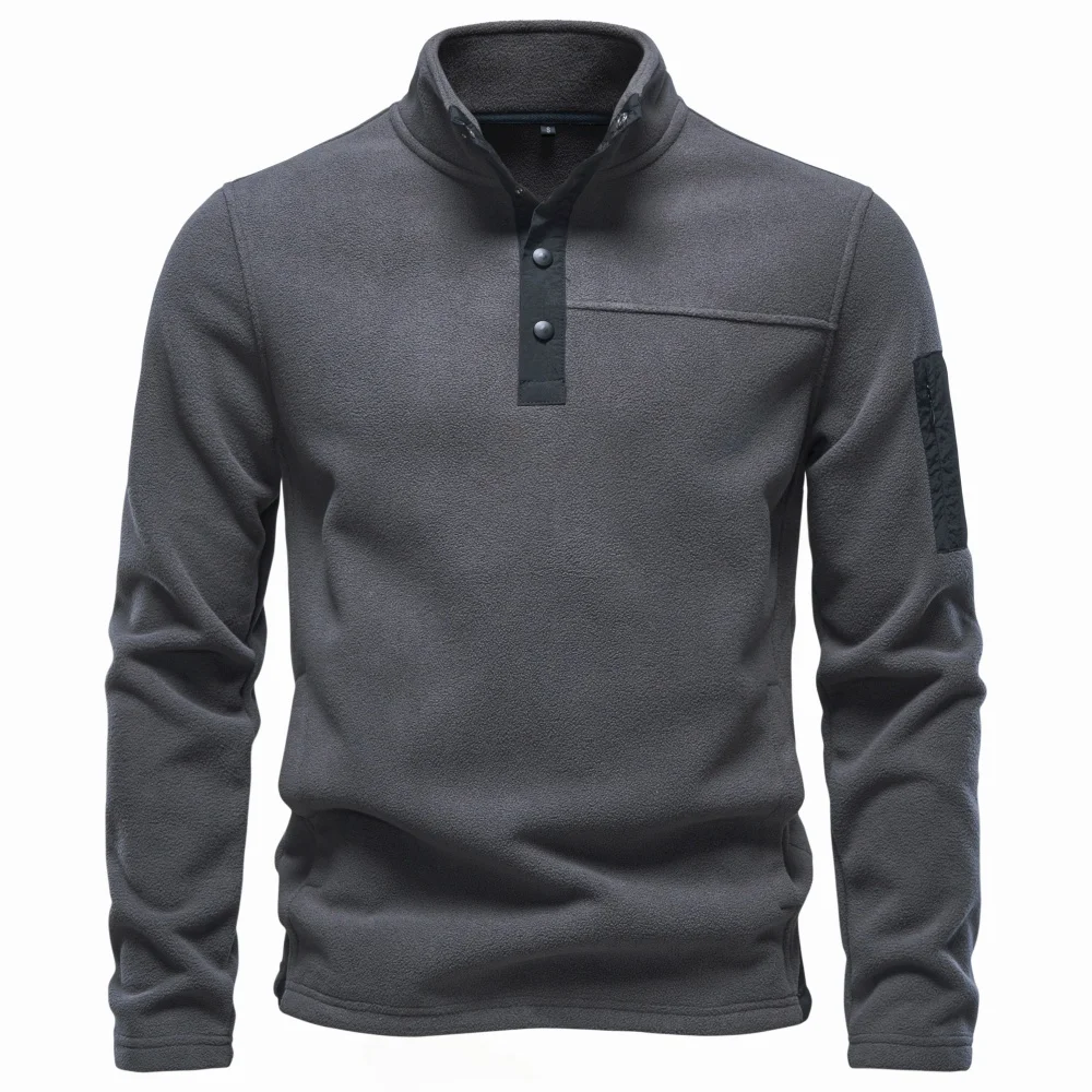 AIOPESON Herren Fleece-Sweatshirt mit mehreren Taschen, Stehkragen, Druckknöpfen, einfarbig, lässiger Outdoor-Pullover, warm für Herbst und Winter. – Detail 8