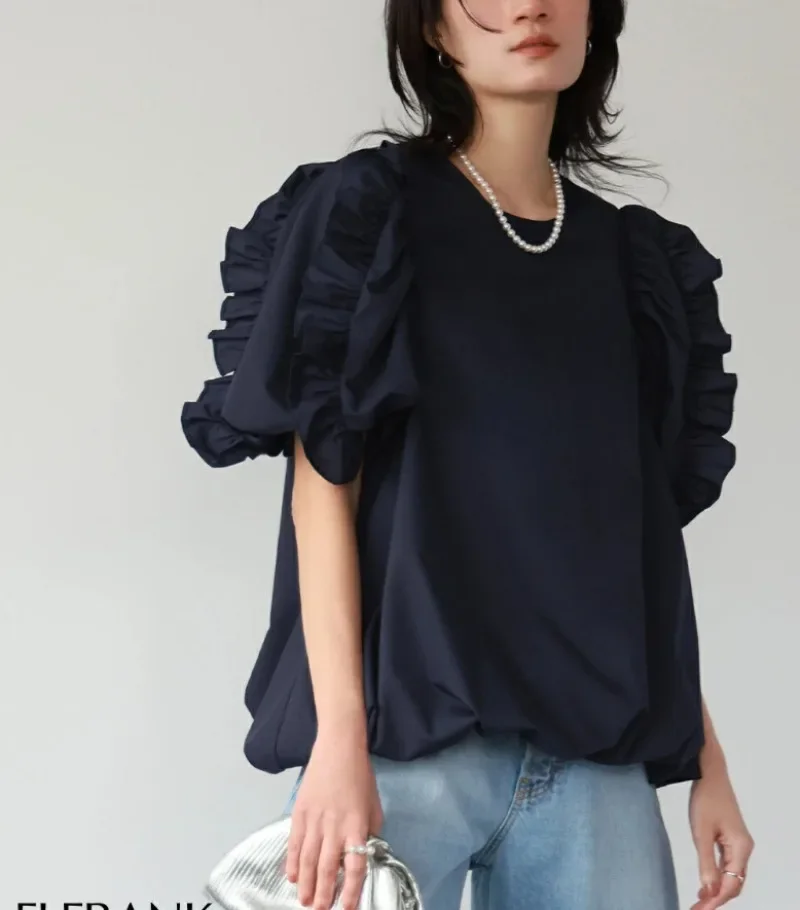 Japan Style Spliced Ruffles Shirts & Blouses Short Sleeve Blusas Round Neck Camisas Loose Casual Ropa Mujer Summer 2024 Tops