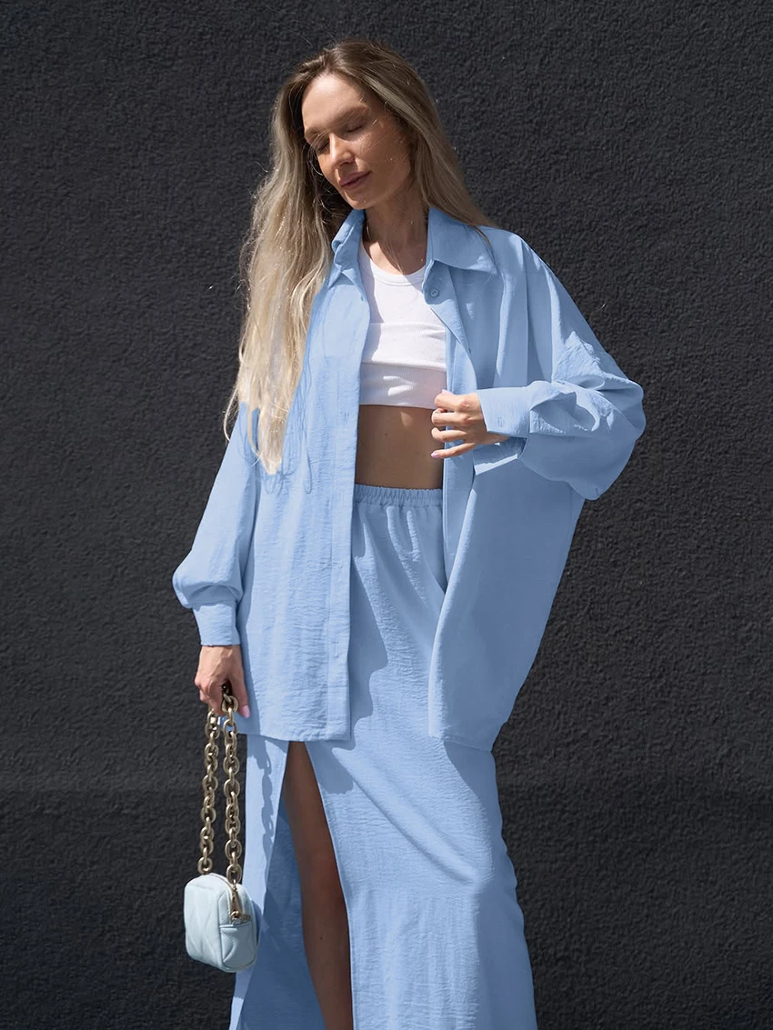 Marthaqiqi Autumn Women'S Nightgowns Suit Turn-Down Collar Nightwear Long Sleeve Pajamas Long Skirts Casual Ladies Sleepwear Set