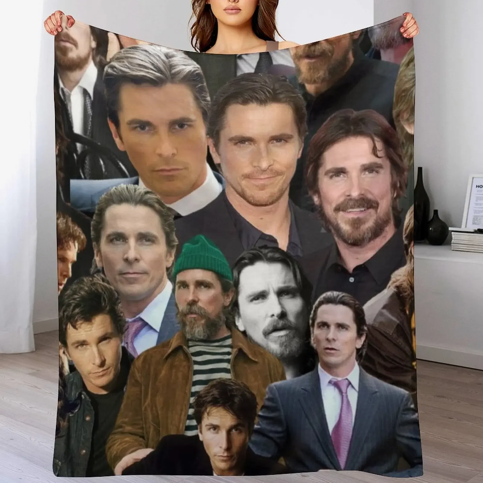 

christian bale photo collage Throw Blanket Thermal funny gift Quilt bed plaid Blankets