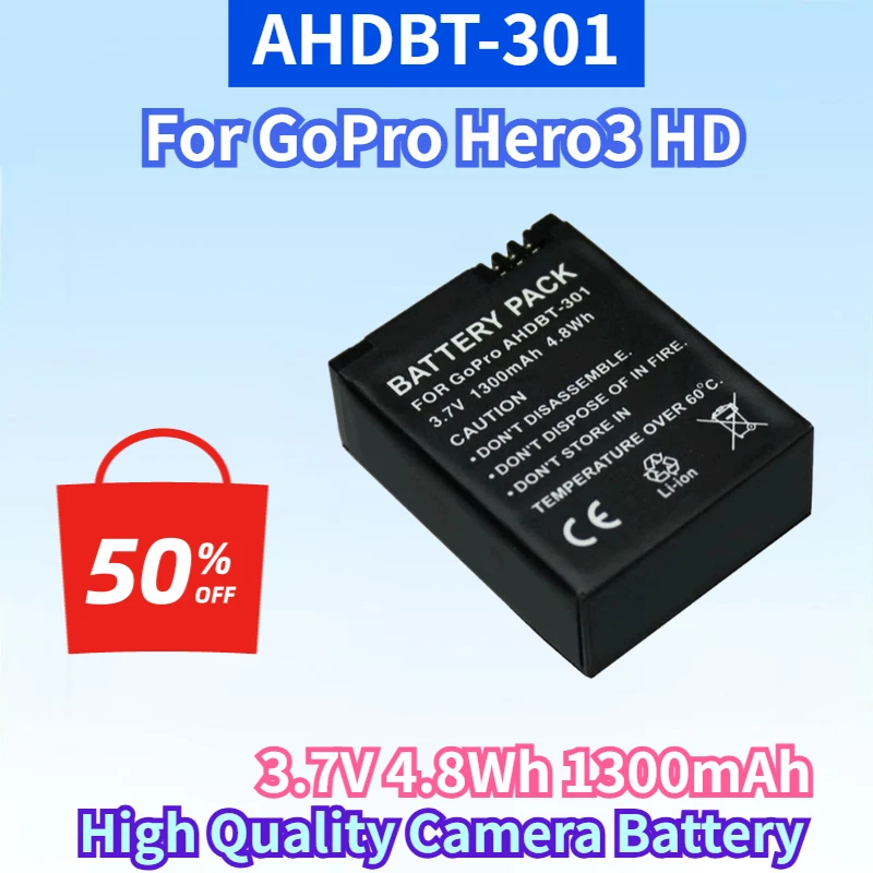 Newest AHDBT-301 3.7V 4.8Wh 1300mAh Lithium-ion Rechargeable Battery for GoPro Hero3 HD High Quality Camera Replacement Battery