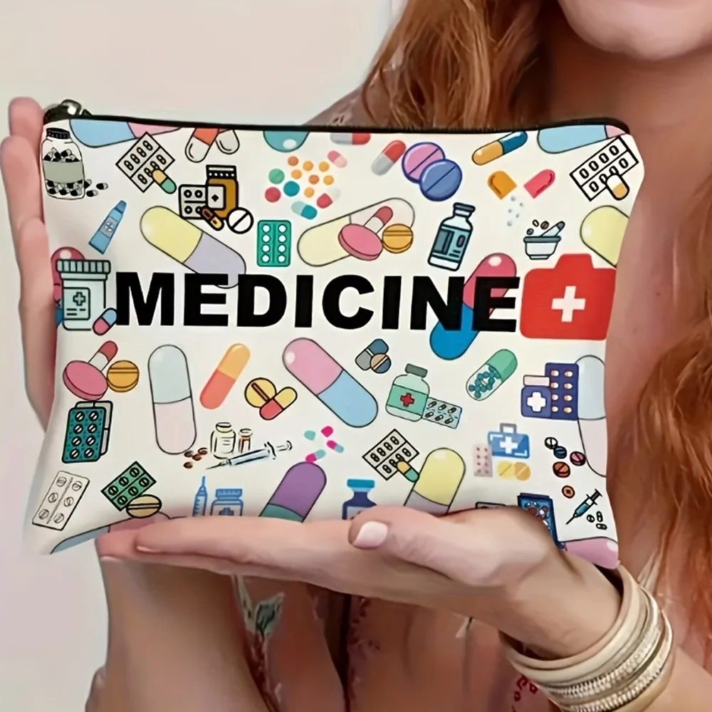 Medical themed travel cosmetic bag, lightweight foldable with zipper closure. Durable fabric printed with pills and syringes. Be