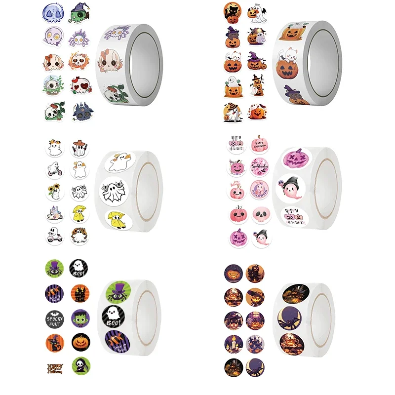 500pcs Halloween Pumpkin Ghost Skull Stickers Roll 10 Designs Halloween Stickers Halloween Decals Round Seal Label Stickers