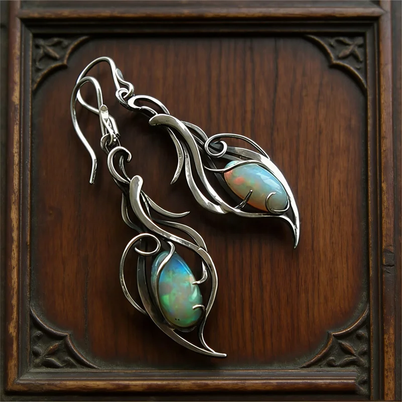 Elegant Oval Flower Green Stone Earrings for Women Silver Color Dangle Earrings Jewelry