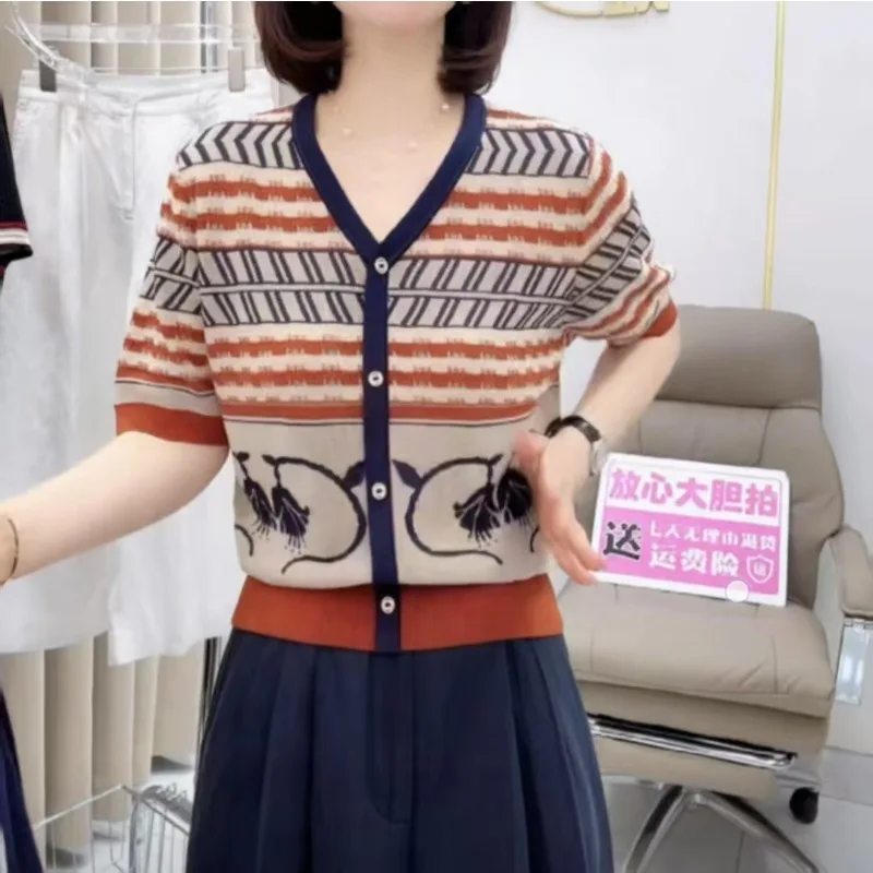 

Women Clothing V-neck Short Sleeve Knit Thin T-shirt Summer Fashion Vintage Chic Y2k Simple Tops Cardigan