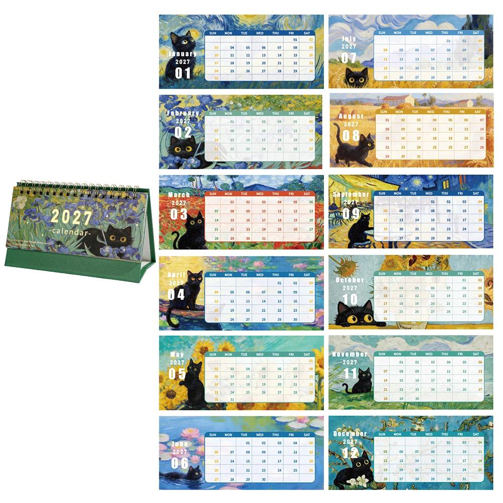 2027 Black Cat Painting Kalender, kleines, tragbares Design, Tages-/Monatsplanerseiten für Büro, Zuhause, Schreibtisch, Zeitorganisator und Dekoration – Detail 9
