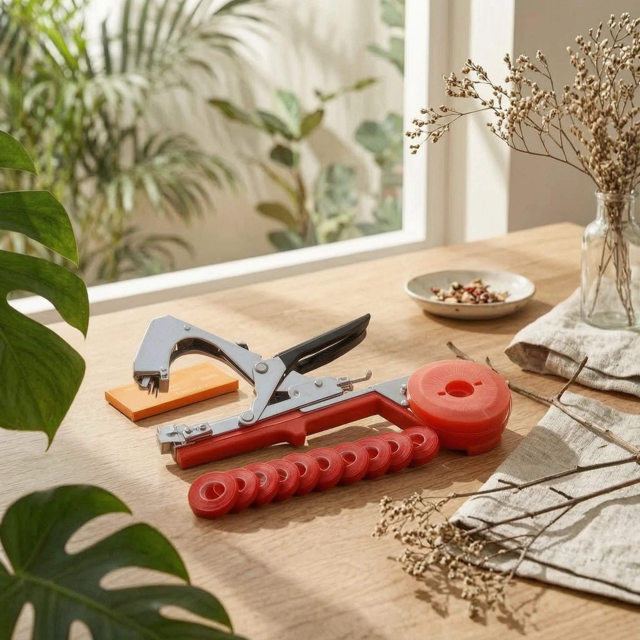 Vegetable Stem Tying Machine Metal Stapling Head Vine Tying Machine Plant Tie Black Grip Red and Silver Finish for Garden