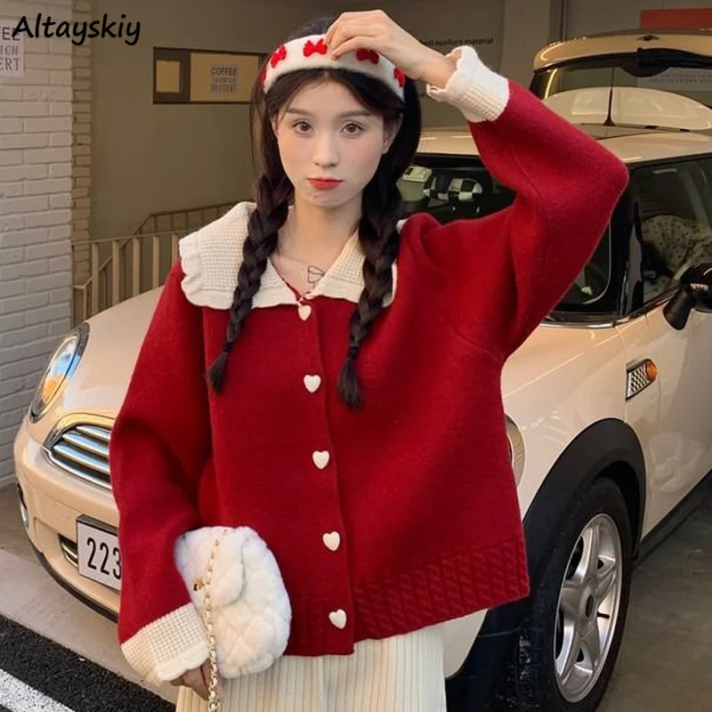 Women Patchwork Kawaii Cardigans Retro Peter Pan Collar Ulzzang Single Breasted Chic Females Gentle Sweet Outwear Love Buttons