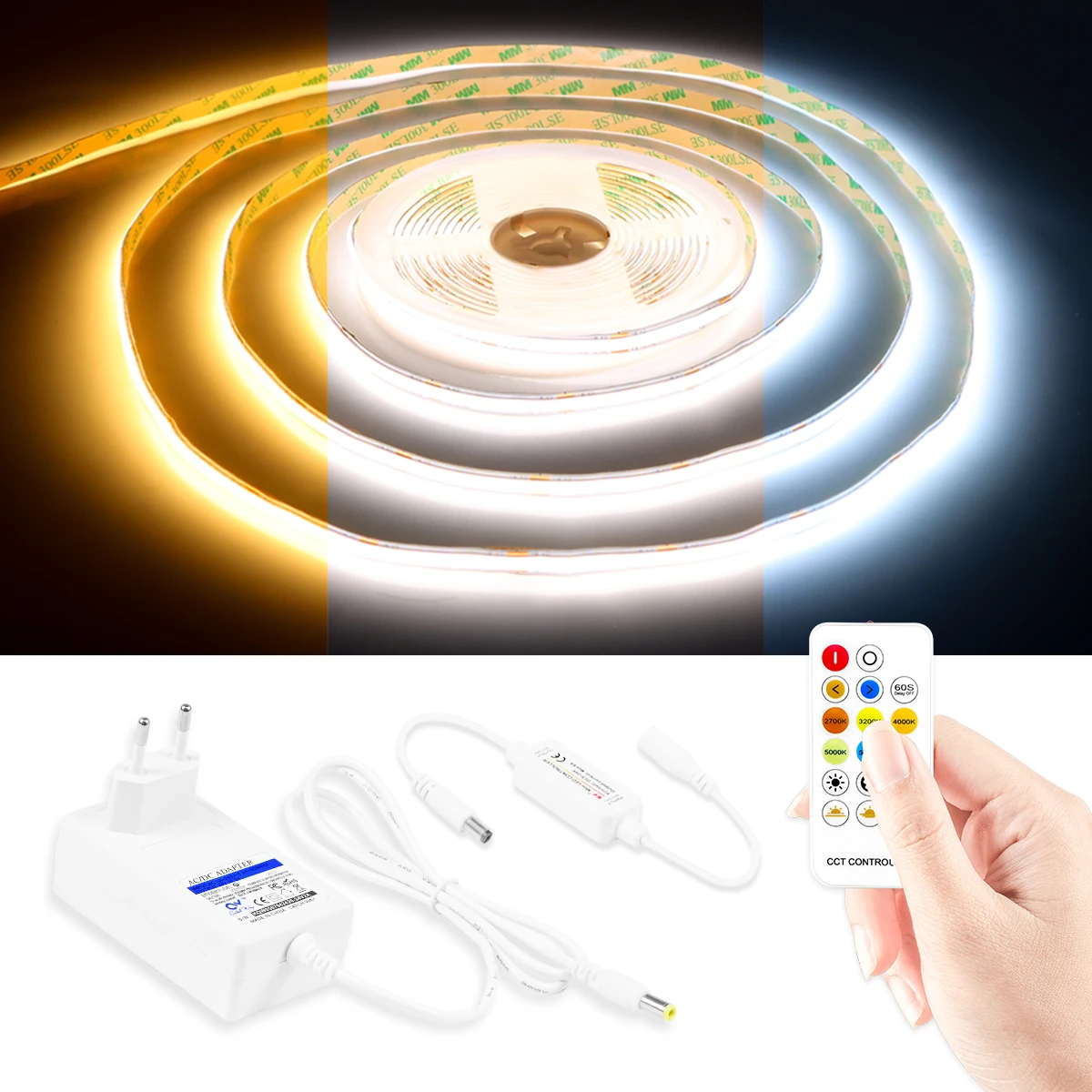 Dimmable 24V CCT COB LED Strip Lights 8mm 576LEDs/M Flexible LED Tape Ribbon for Room Decor 3000K 4000K 6000K 2M 5M 10M -EU Plug