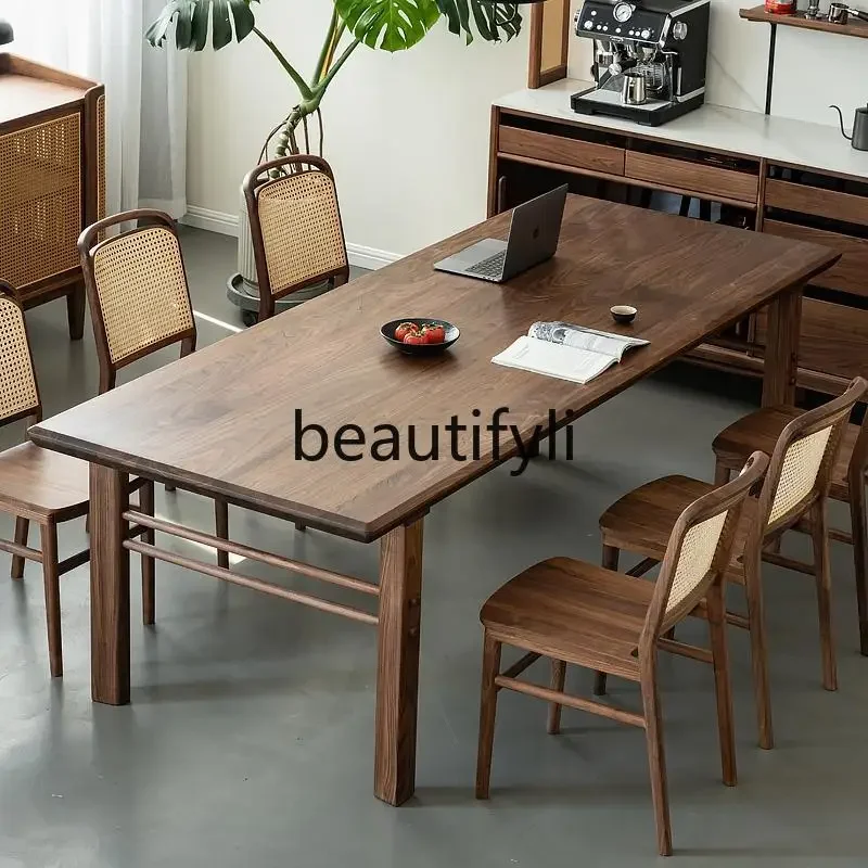 yj57 North American black walnut dining table, all solid wood rectangular eating table, household simple log furniture