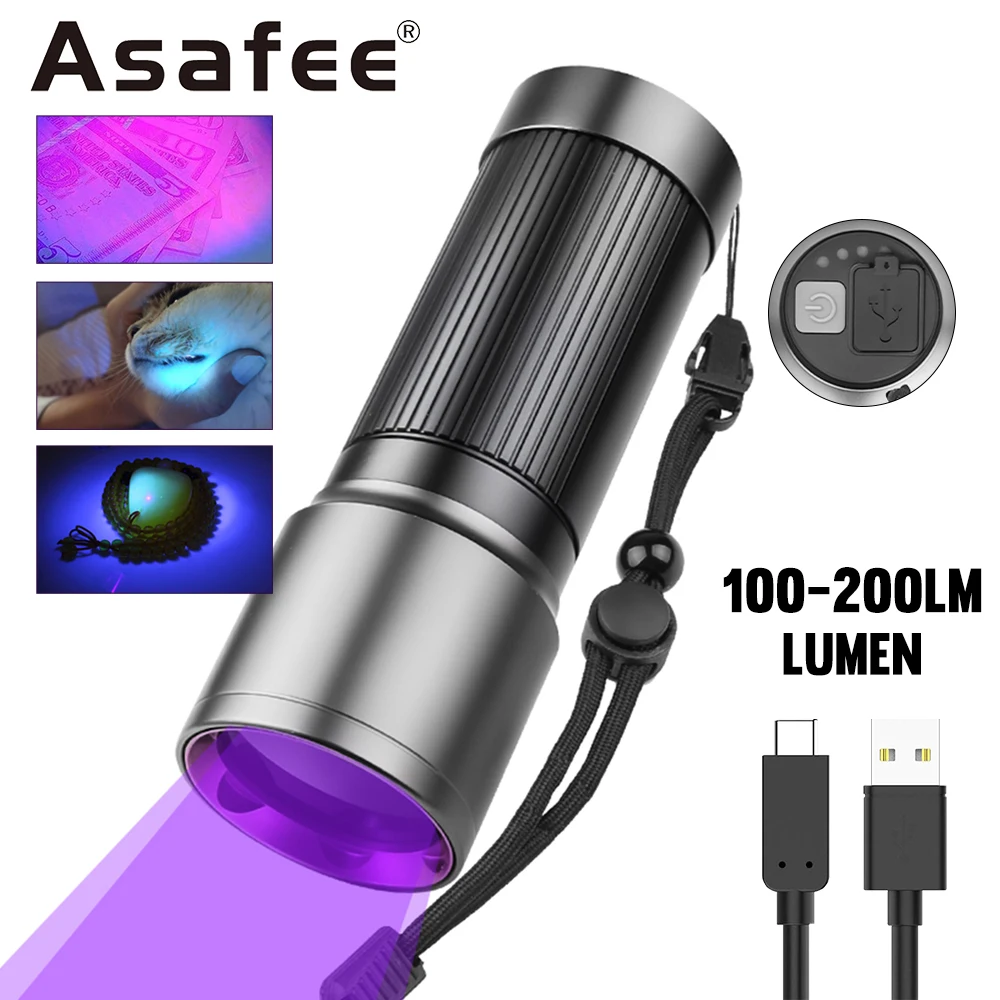 Asafee 1372 Purple Light Disinfection Lamp 365UV Flashlight Money Detector Light Portable Troch Rechargeable Support Output