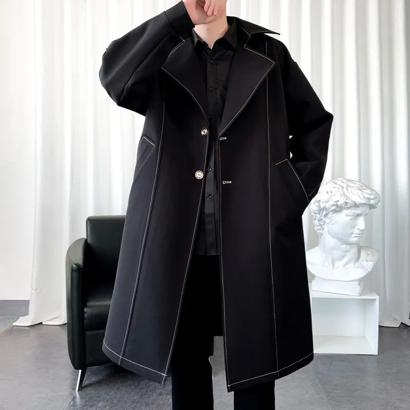Gabardina de alta calidad para hombre, gabardina de línea elegante, gabardina larga con una hilera de botones para otoño e invierno, chaqueta negra de Color sólido para hombre, abrigos