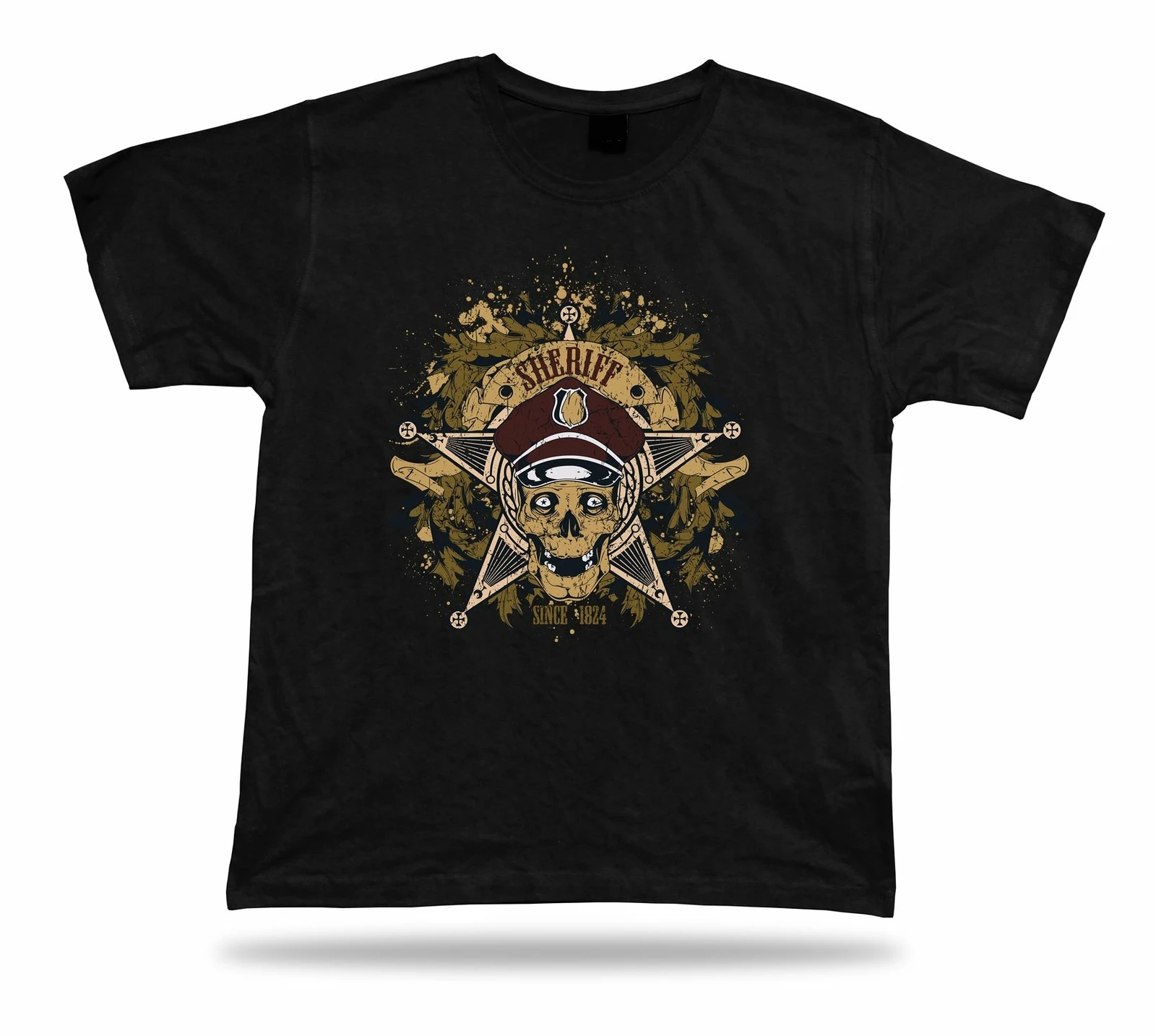 Camiseta camiseta ideia de presente de aniversário xerife estrela crânio morte retro emblam lawman