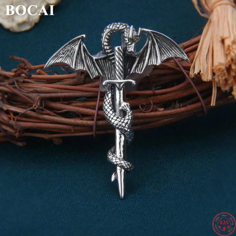 BOCAI S925 Sterling Silver Charms Pendants for Women Men Retro Creative Flying Dragon Cross Amulet  Fashion Jewelry Wholesale