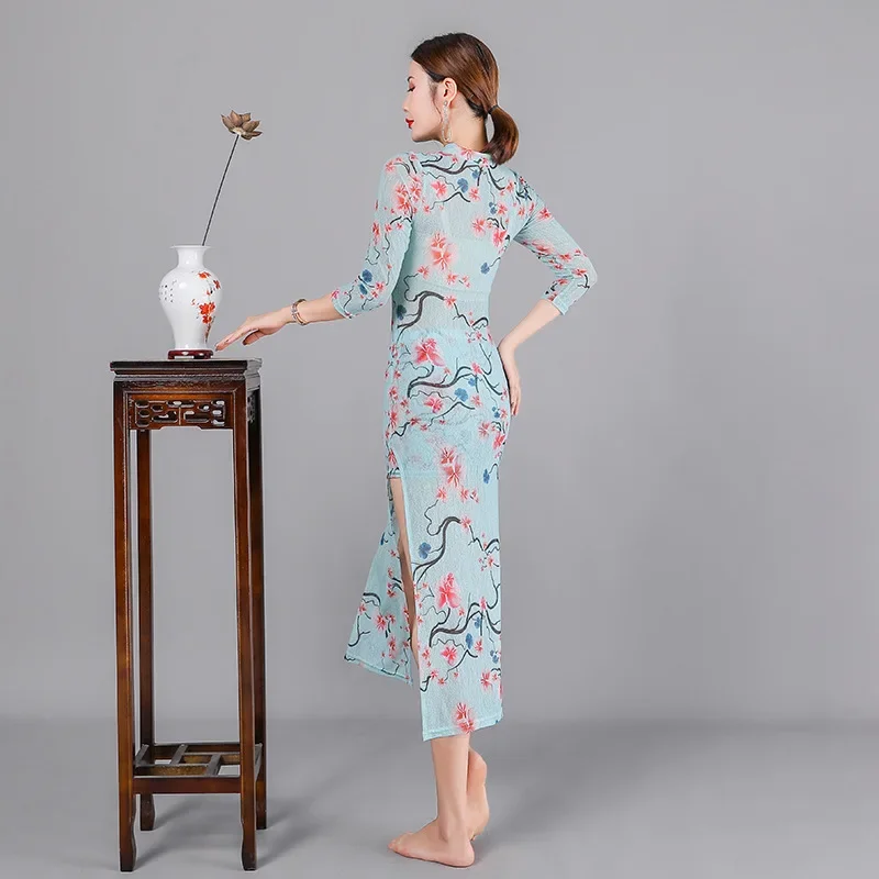 Classical dance practice suit, body rhyme, long gauze robe, elegant Chinese style, elegant performance suit, top, women's qipao