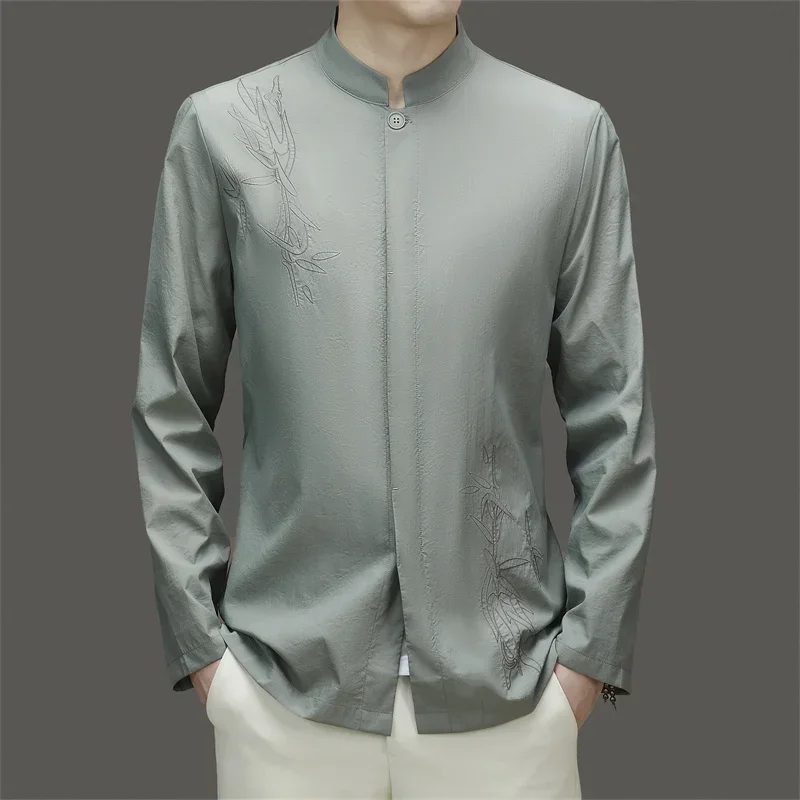 Covered Button Tang Costume Shirts For Men Long Sleeve Sunscreen Summer Quality Embroidery Breathable Handsome Camisas De Hombre