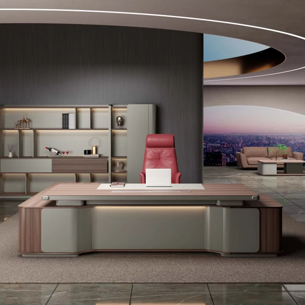 

Luxury Executive Office Desk with Red Leather Chair, High-End Manager Workstation for Business Status & Productivity