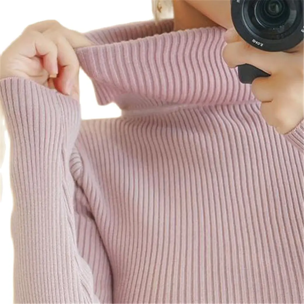 Stretch Autumn Winter Knitted Jumpers Tops Turtleneck Pullovers Casual Sweaters Women Shirt Long Sleeve Tight Sweater Girls