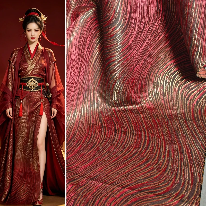 Red Black Water Ripple Gold Thread Jacquard Textured Chinese Style Creative for Stage Costume Designer DIY Sewing Accessories