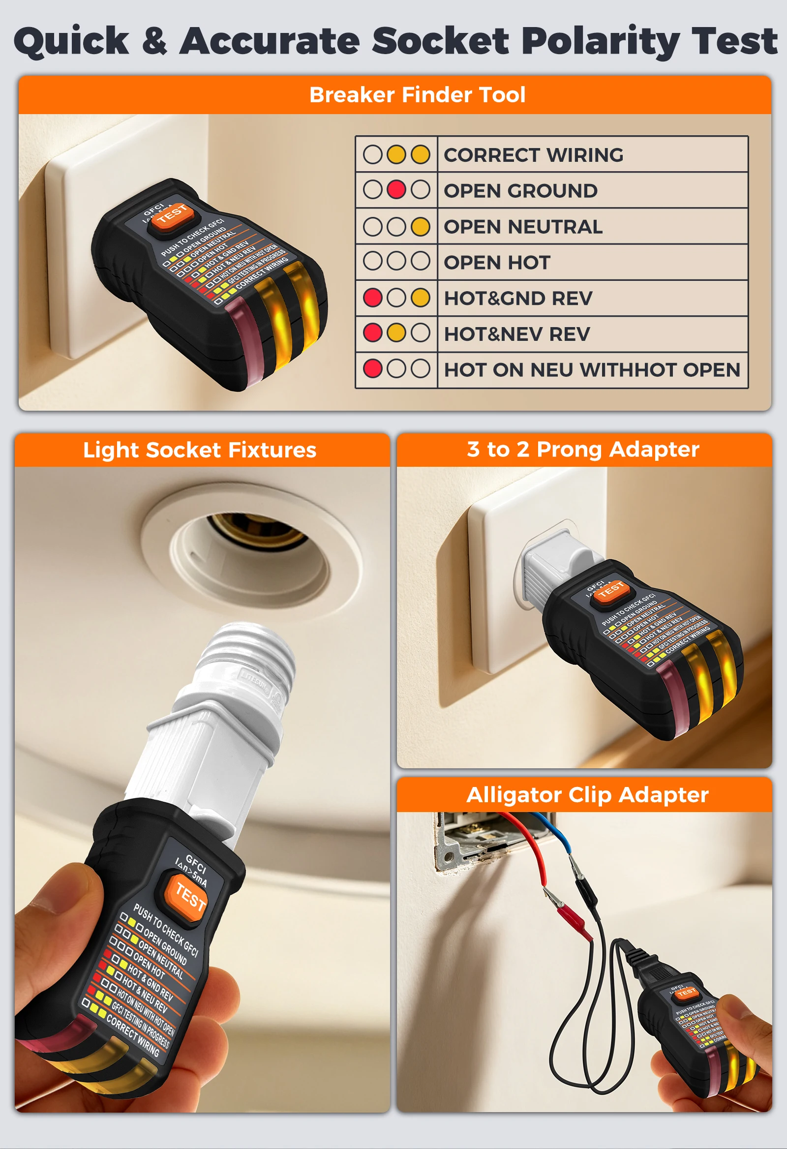 CF01 Schalterfinder 120V Schaltertester Sicherungsfassungstester US-Stecker GFCI-Steckdosenmessgerät Elektriker-Diagnosetool – Detail 3