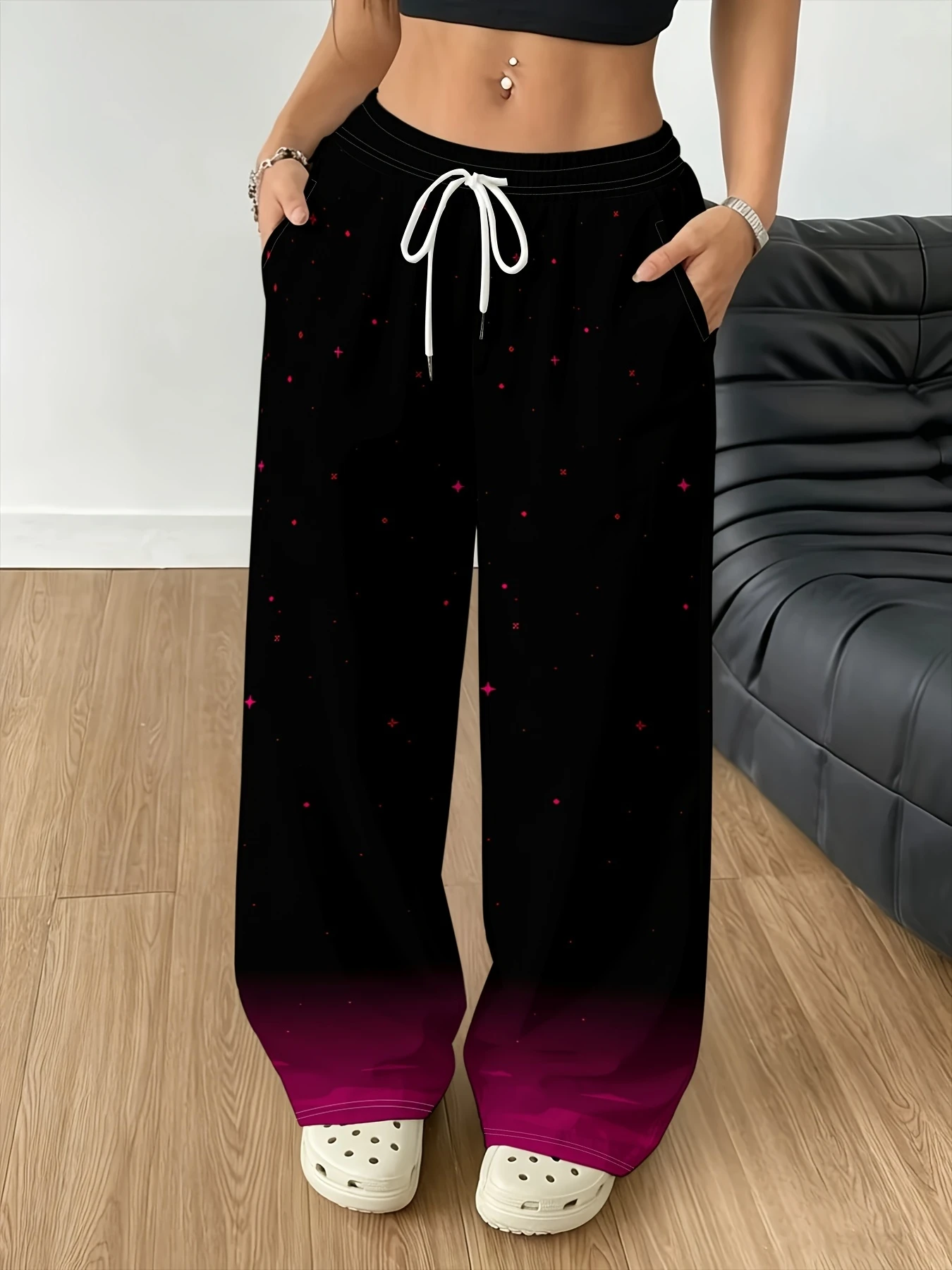 Cyberwind Star 3D Printed Casual Pants with Drawstring, Large Size, Hanging Feel, Wide Legs, Street Fashion Versatile Pants
