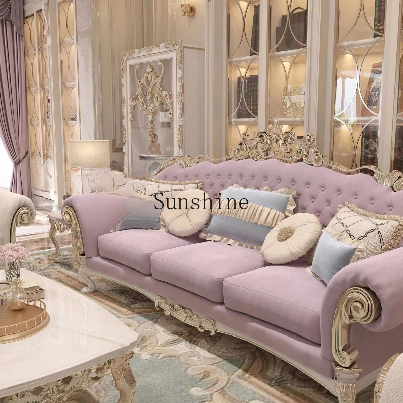 

French romantic wind solid wood carving flower fabric luxury court living room furniture combination