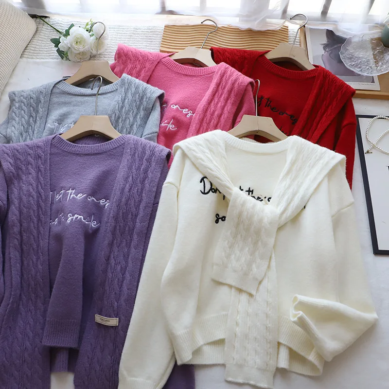 

Korean Sle Lazy Soft Sweater Set Women's Loose ort Knitted irt Winter New Arrival Pair with awl Sweet Sle Fce Th...