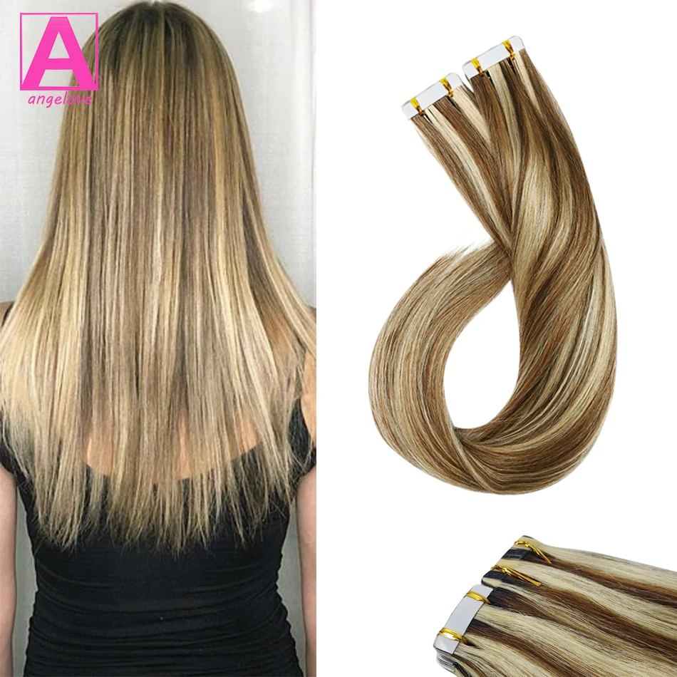 Extensões reais do cabelo humano, fita adesiva no cabelo, cabelo reto sedoso, cor marrom a loira, cabelo Remy, # P8/613