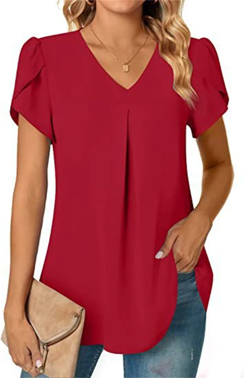 Sexy V Neck Ruffle Short Sleeve Blouse Shirts Summer Women V Neck Solid Color Loose OL Workout Blouse Tops