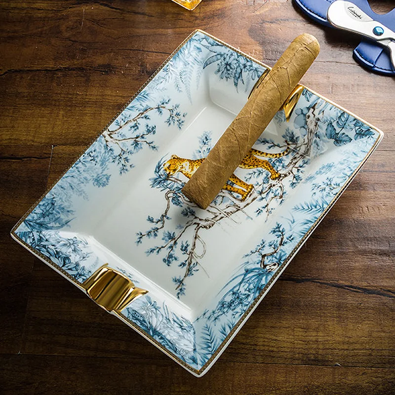 Vintage Leopard Ceramic Ashtray By LUBINSKI, Double Cigar Rest Gold Rimmed Tray, Art Deco Smoking Table Decor, Cigar Lovers Gift