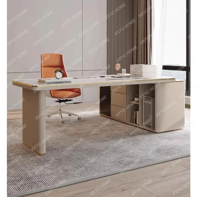 

*Corner desk light luxury modern simple rock slab with tea table integrated